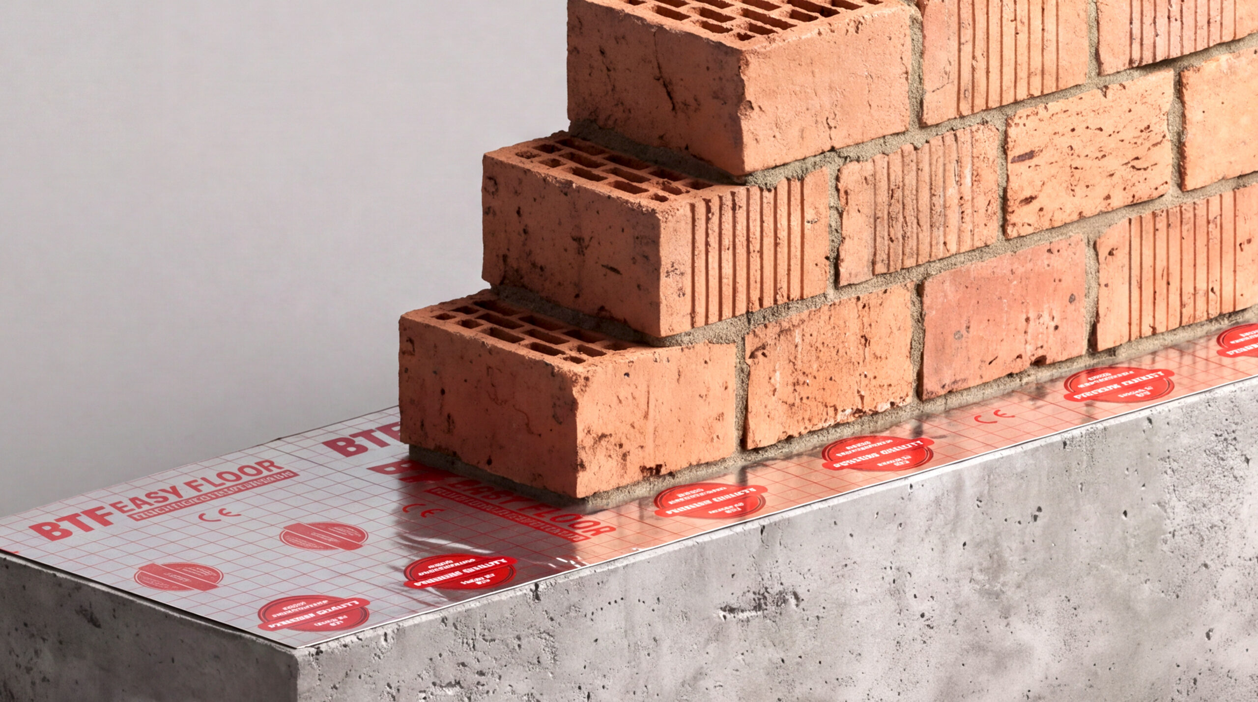 Close-up-Schnitt: BTF EASY FLOOR AL NEW als Abdichtungsbahn zwischen Ziegelwand und Betonsockel