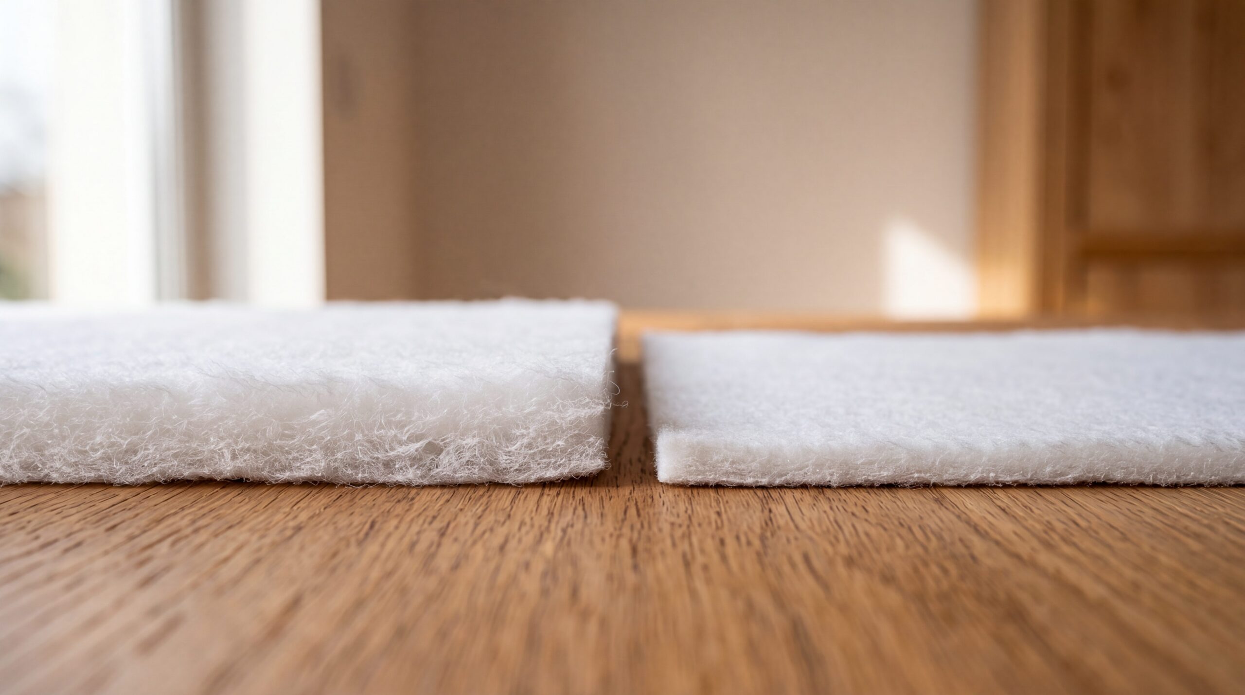 Kantenvergleich: links die weichere Flüstermatte 8 mm, rechts die stärker verdichtete Flüstermatte 4 mm.