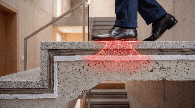 Schallübertragung beim Begehen einer Betonwerkstein-Treppenstufe – Körperschall wird direkt in die Tragkonstruktion eingeleitet