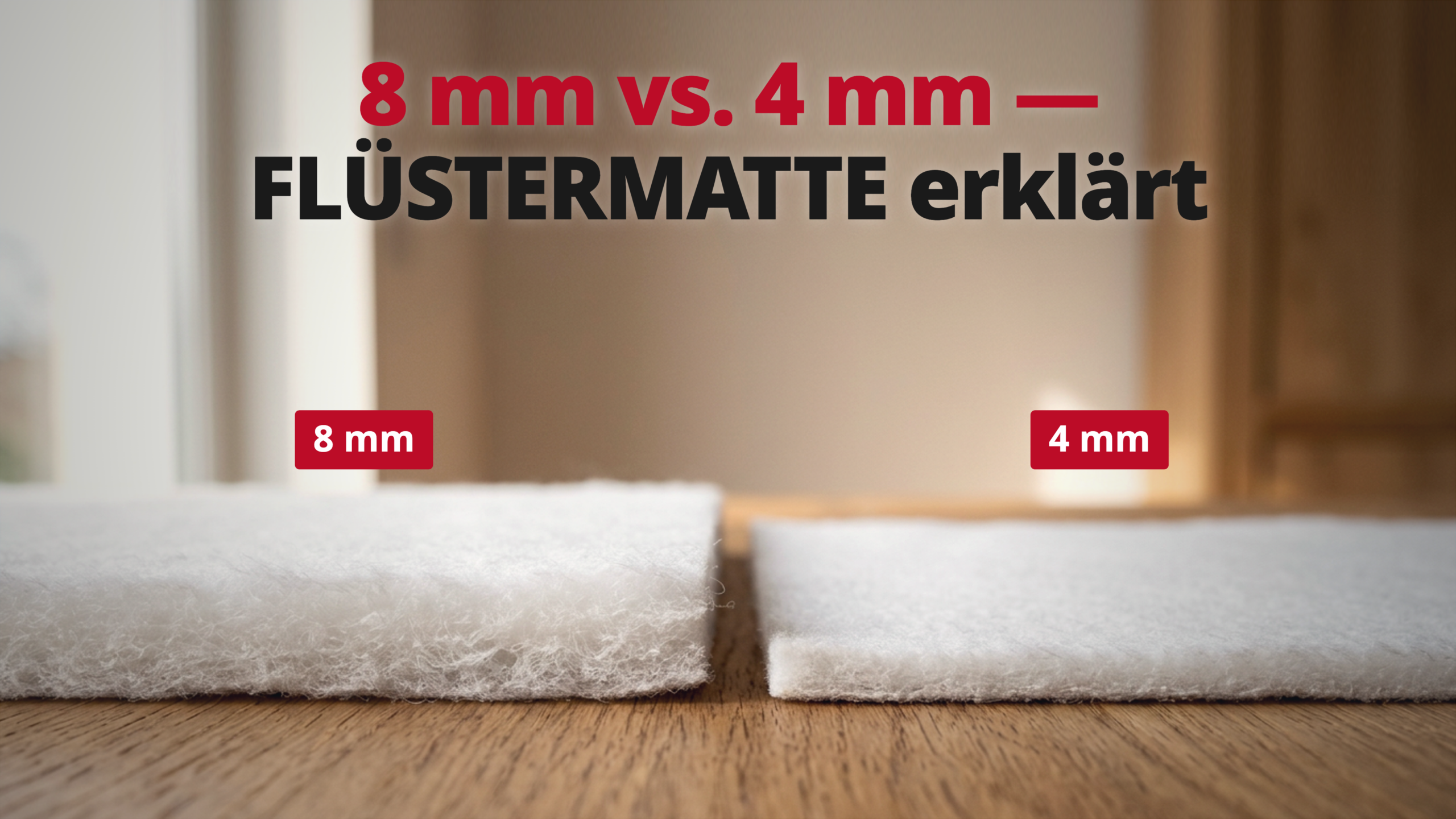 Zwei nebeneinanderliegende weiße Matten mit unterschiedlicher Dicke auf einer Holzoberfläche, darüber der Text '8 mm vs. 4 mm — FLÜSTERMATTE erklärt' und vor den Matten die Beschriftungen '8 mm' und '4 mm'.