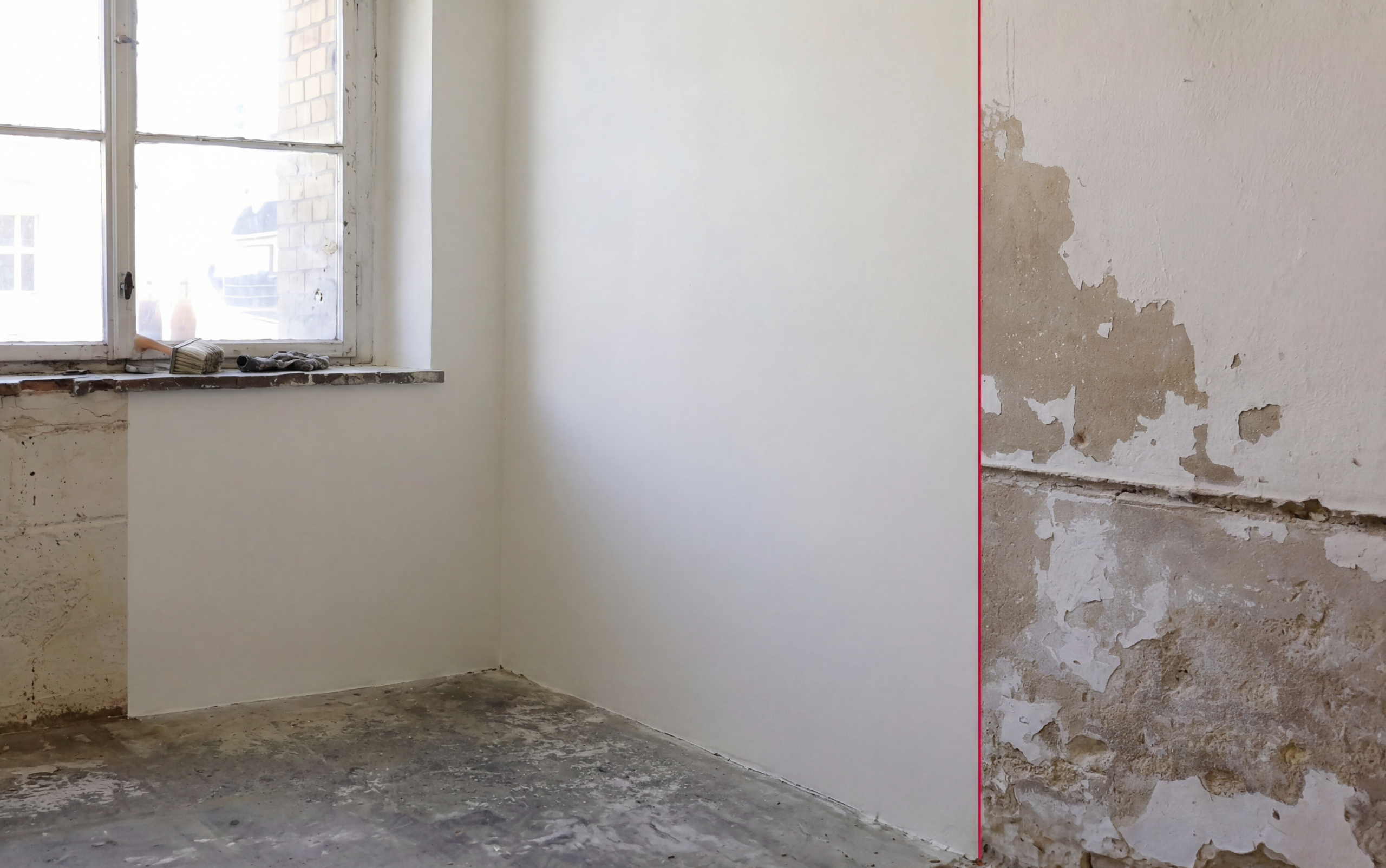 Raum mit altem, beschädigtem Putz an der rechten Wand und frisch verputzter, glatter Wand in der Raumecke neben einem Fenster