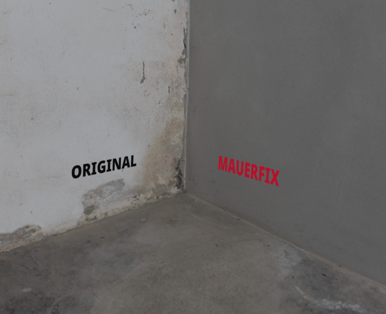 Ecke eines Raums mit einer weißen Wand links beschriftet mit 'ORIGINAL' und einer grauen Wand rechts beschriftet mit 'MAUERFIX'