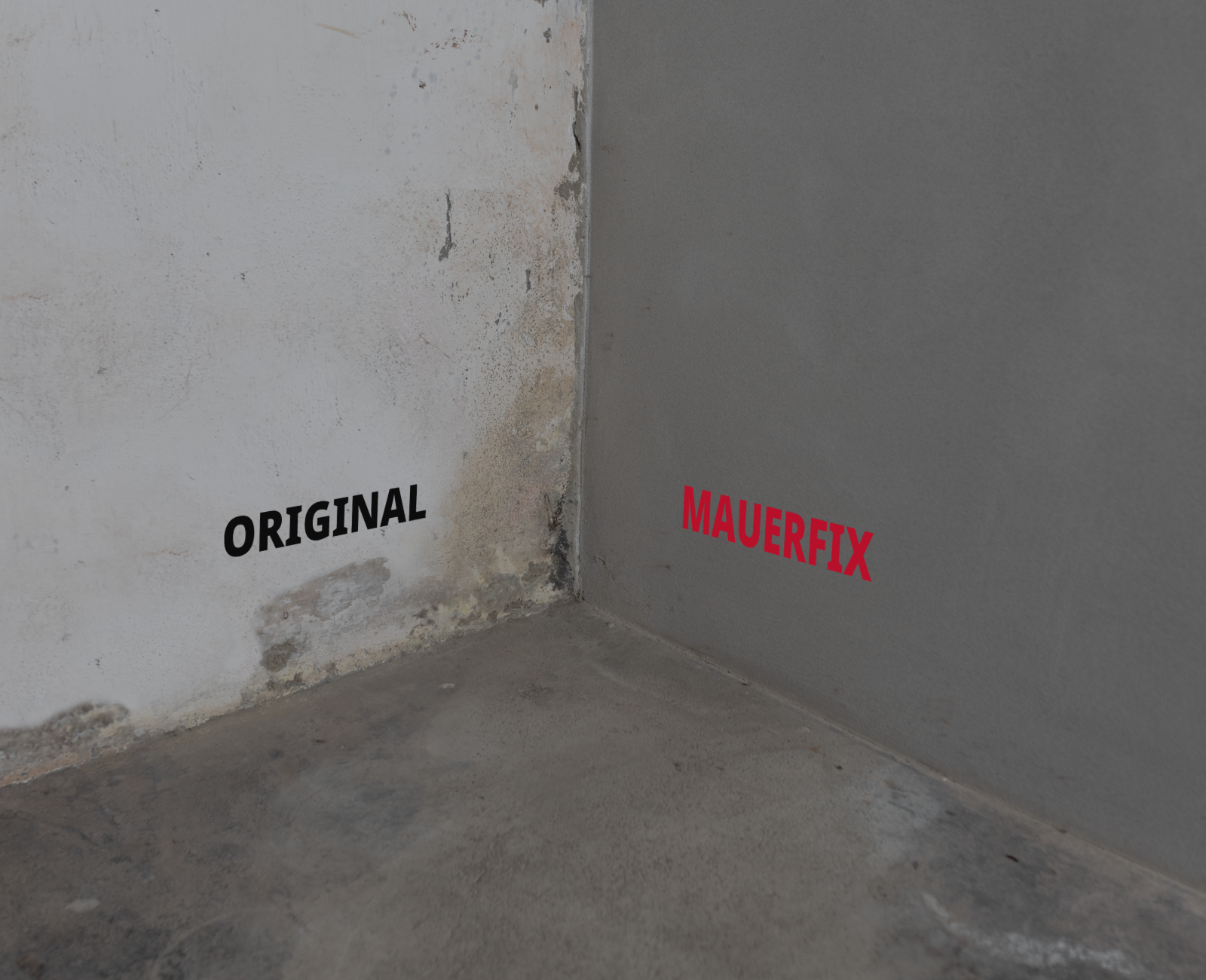 Ecke eines Raums mit einer weißen Wand links beschriftet mit 'ORIGINAL' und einer grauen Wand rechts beschriftet mit 'MAUERFIX'