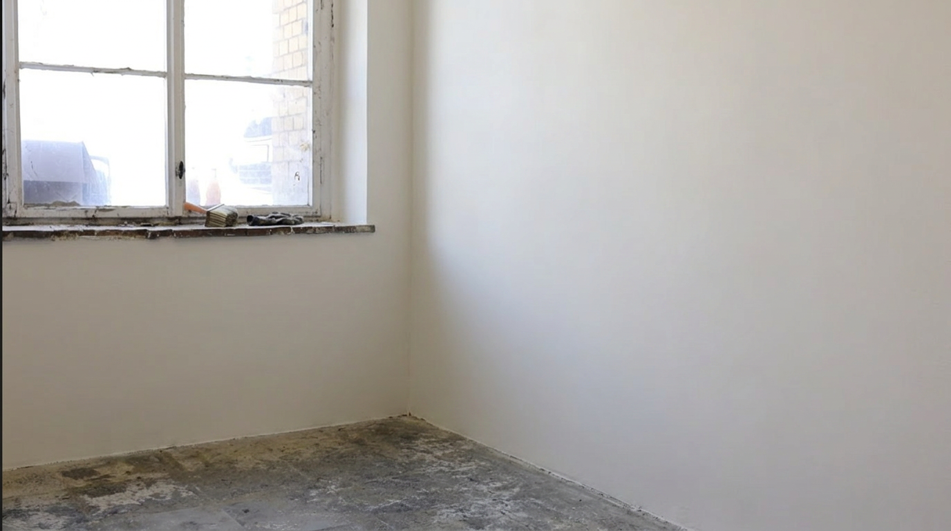 Fertig sanierte weiße Wand nach Anwendung von MAUERFIX Sanierungsvlies – glatte saubere Oberfläche nach 2 Tagen Altbausanierung