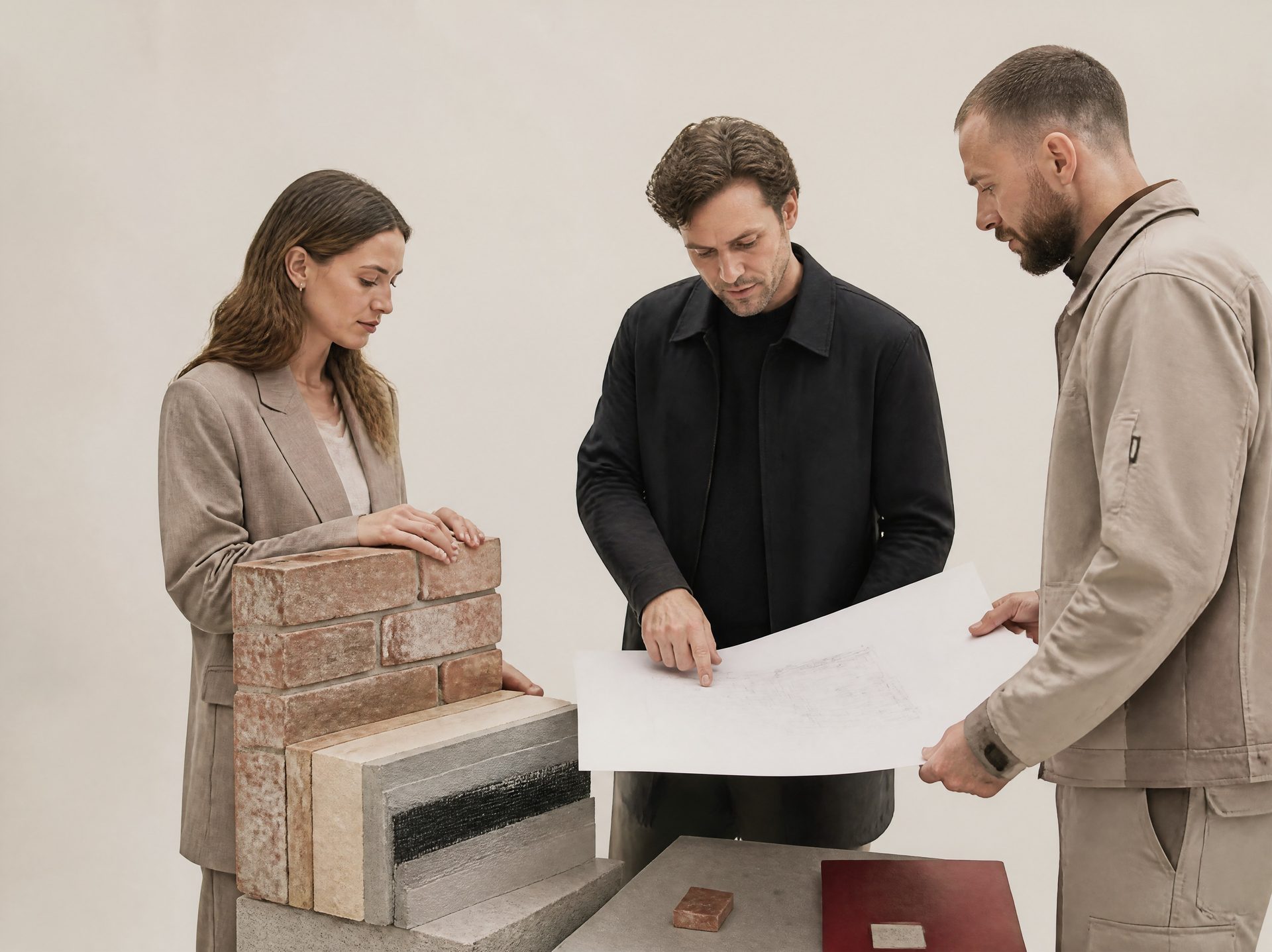 Gutachterin, Architekt und Verarbeiter prüfen gemeinsam Wandaufbau und Planunterlagen