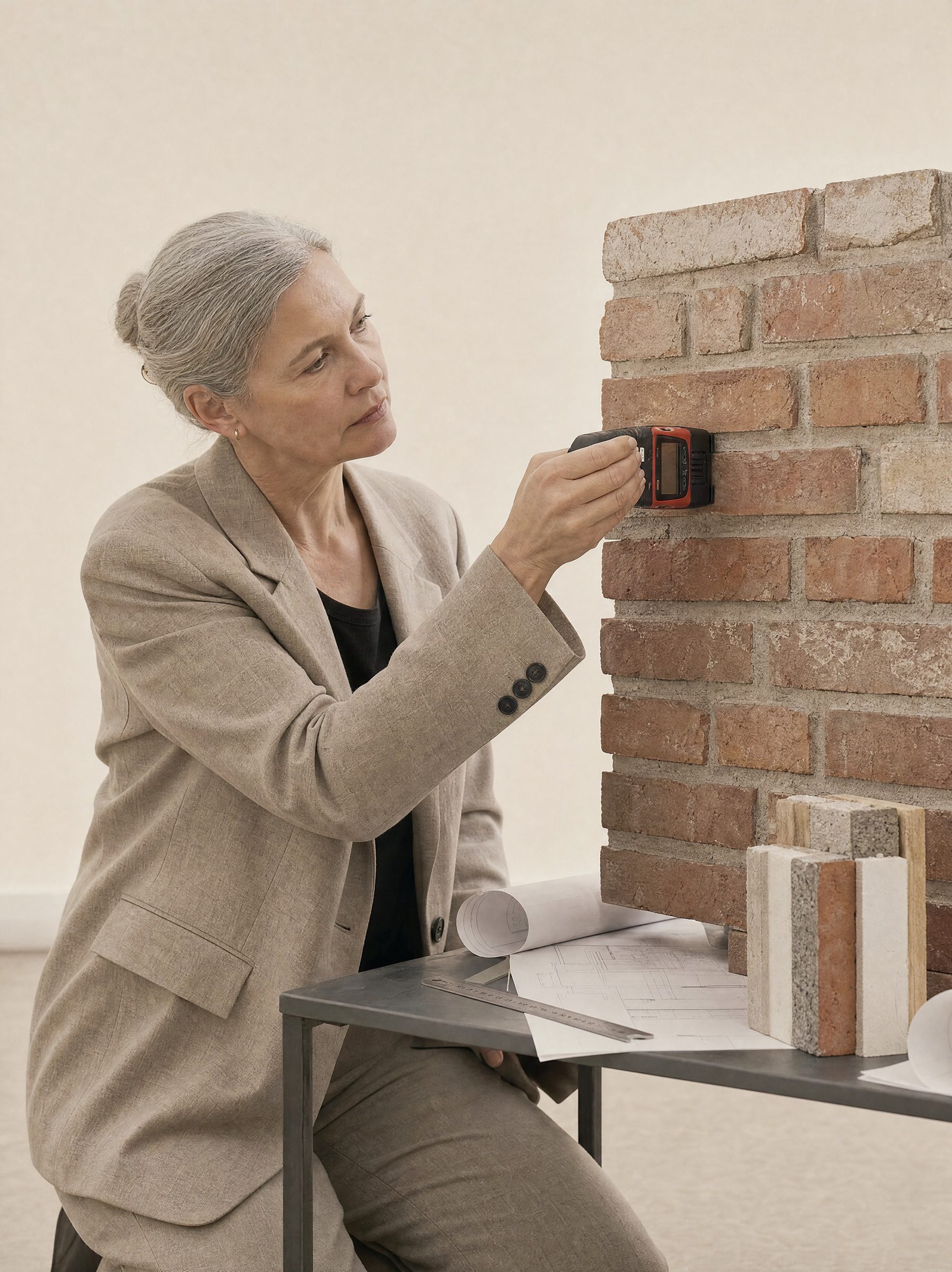 Erfahrene Bausachverständige prüft ein Mauerwerksdetail mit einem Messgerät