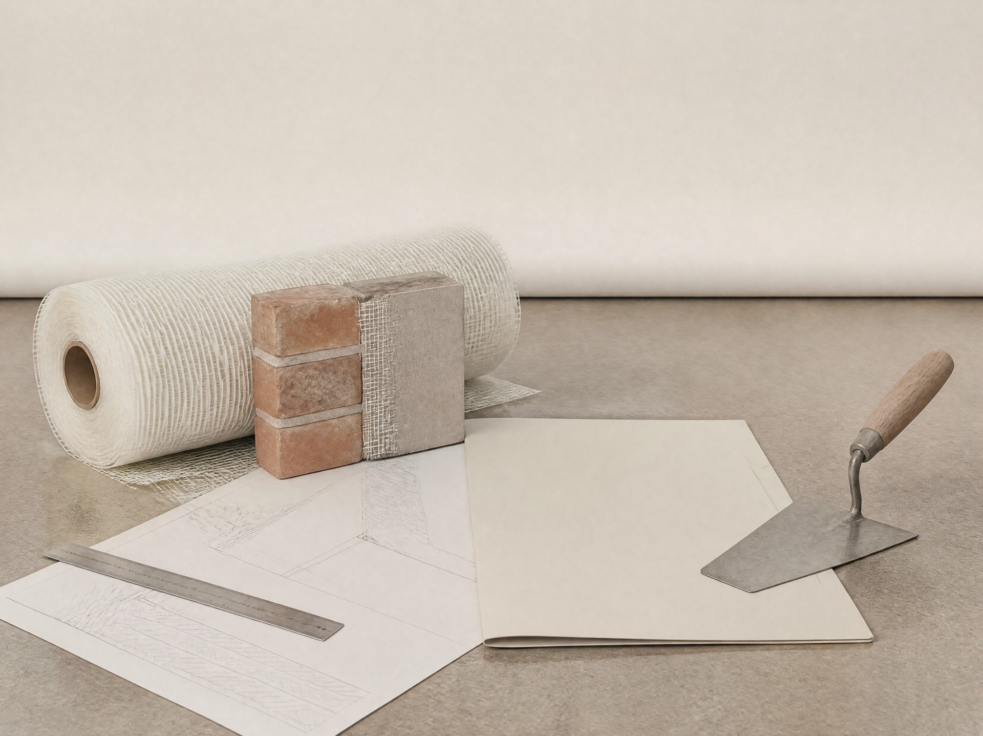 MAUERFIX-Materialmuster, Mauerwerksdetail, technische Zeichnungen und Werkzeug im Studio