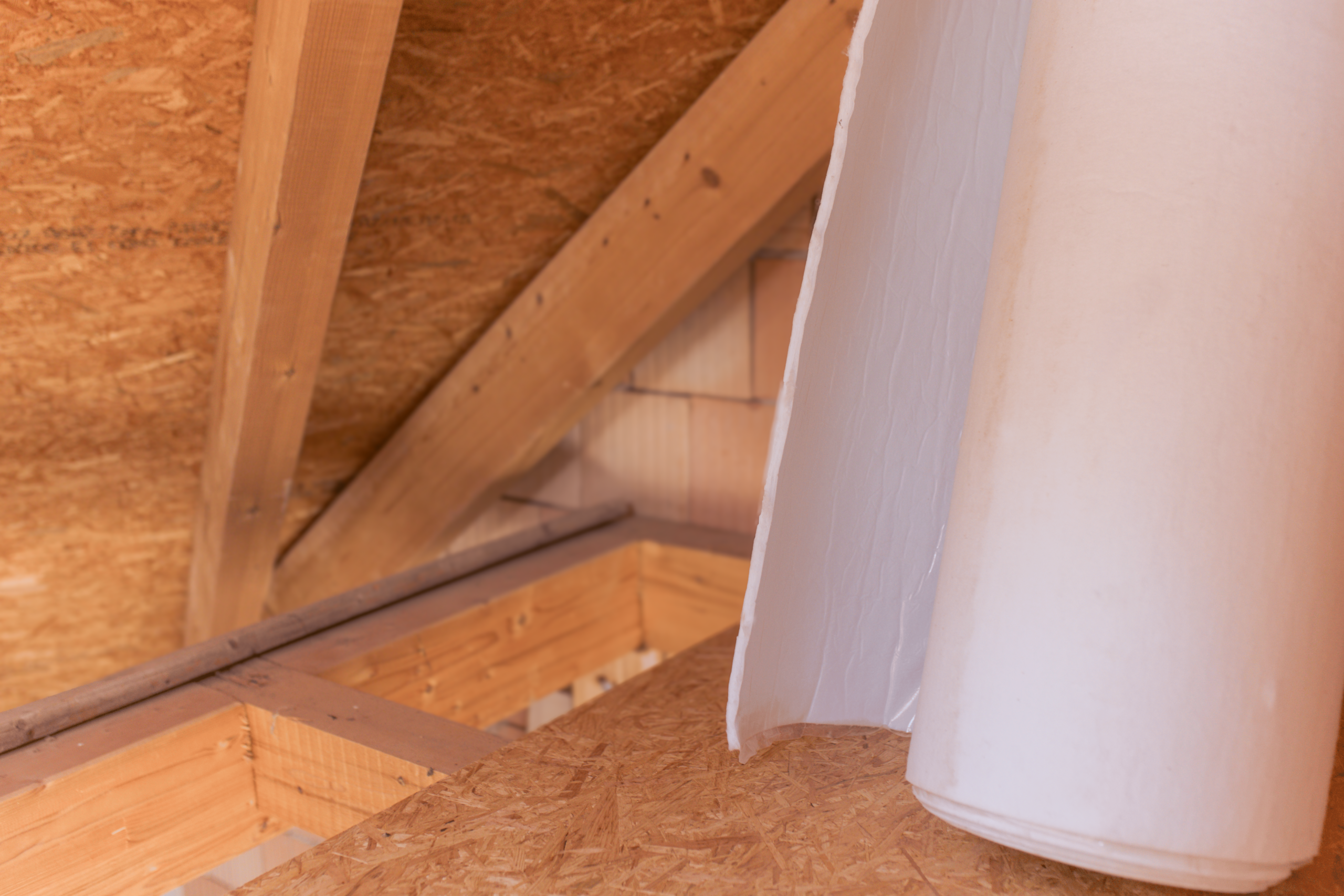 BTF Flüstermatte im Dachstuhl – Holzbalkendecke mit OSB-Beplankung