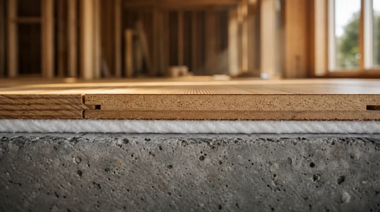 Nahaufnahme eines Holzquerschnitts auf einer Betonoberfläche mit unscharfem Hintergrund aus Holzrahmen