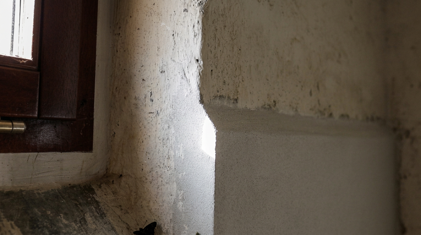 Feuchte- und Salzschäden an der Fensterlaibung vor bzw. an der Übergangszone der MAUERFIX-Sanierung